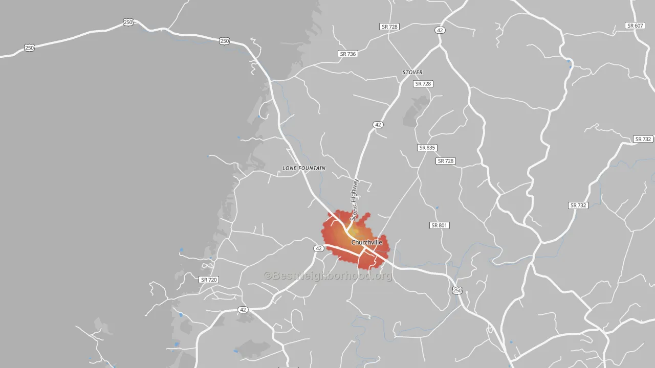Walk Grade map of 24421, VA, walkable areas in green and car-dependent areas in red