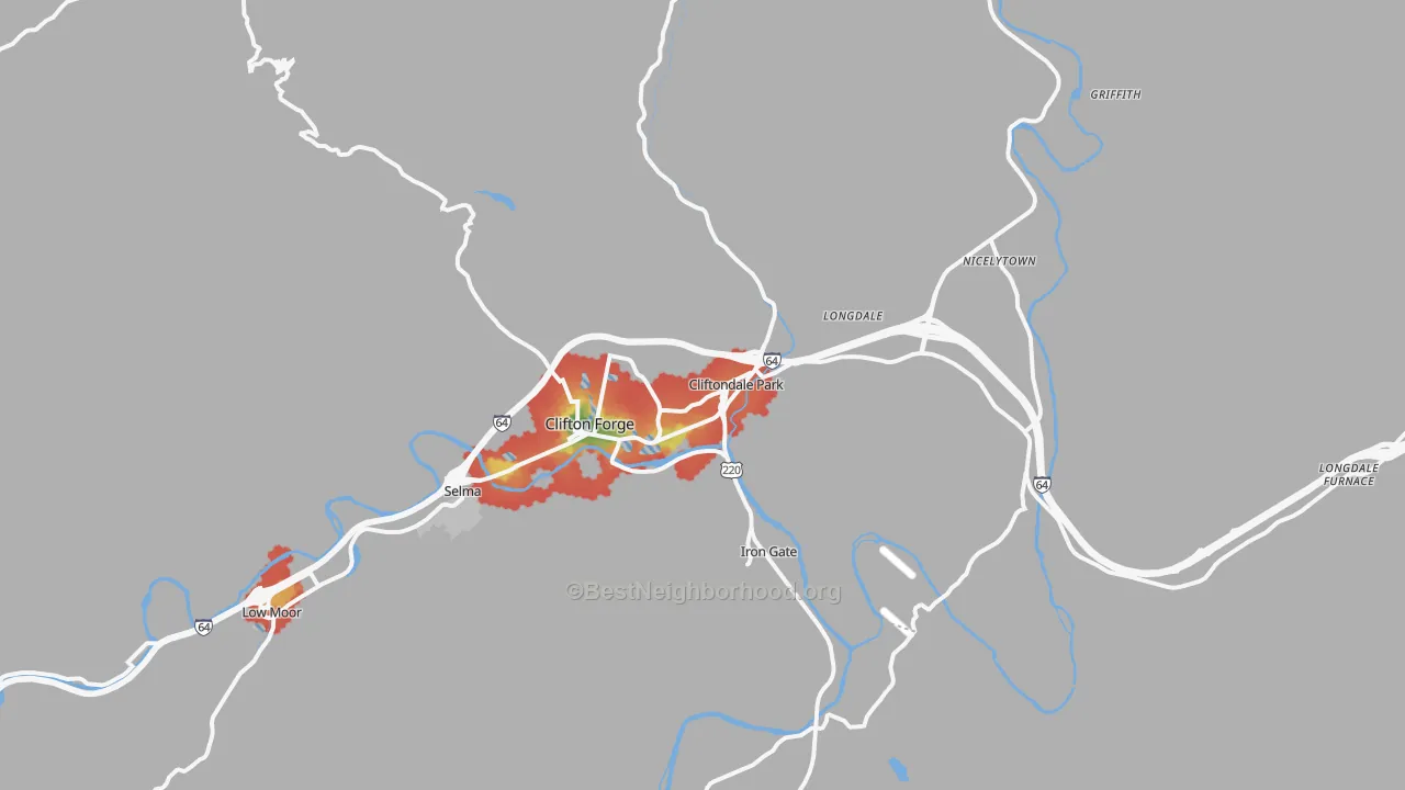 Walk Grade map of 24422, VA, walkable areas in green and car-dependent areas in red