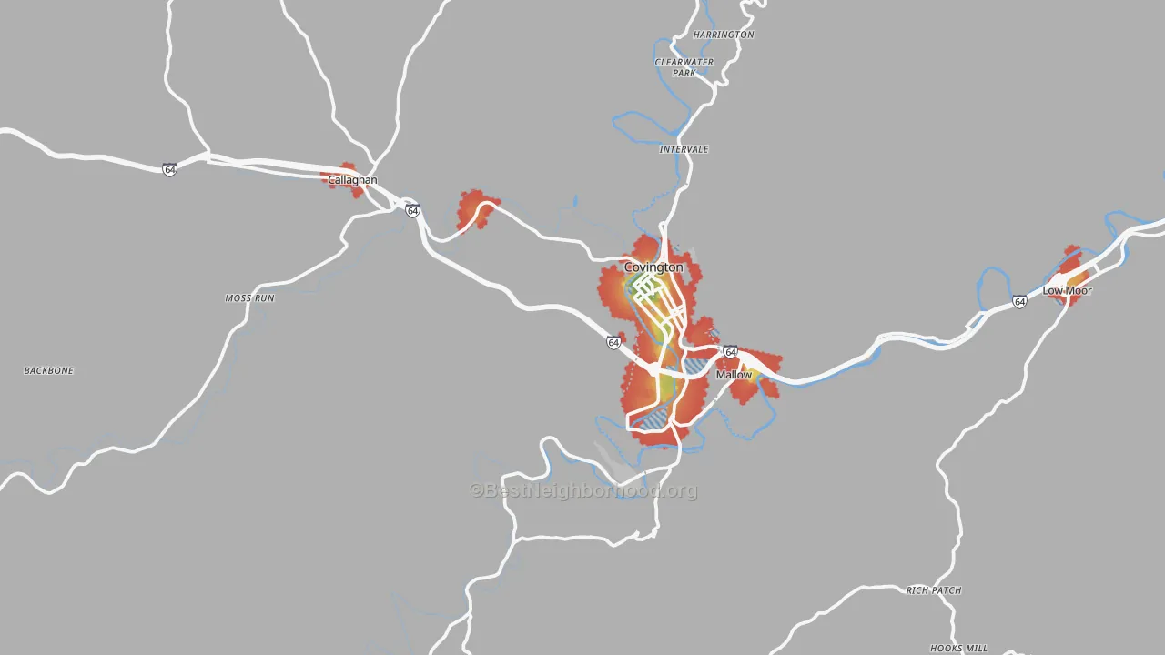 Walk Grade map of 24426, VA, walkable areas in green and car-dependent areas in red