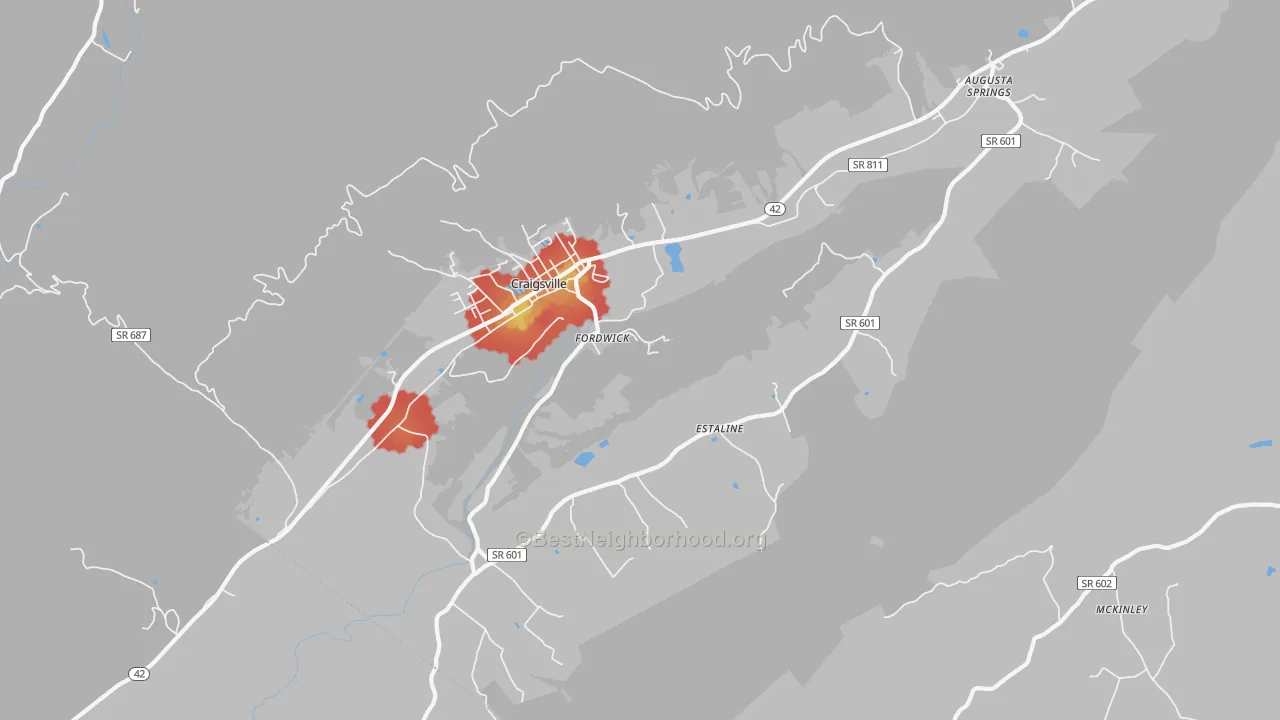 Walk Grade map of 24430, VA, walkable areas in green and car-dependent areas in red