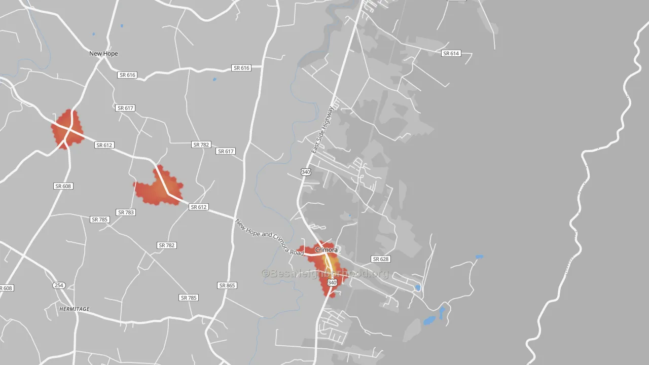 Walk Grade map of 24431, VA, walkable areas in green and car-dependent areas in red