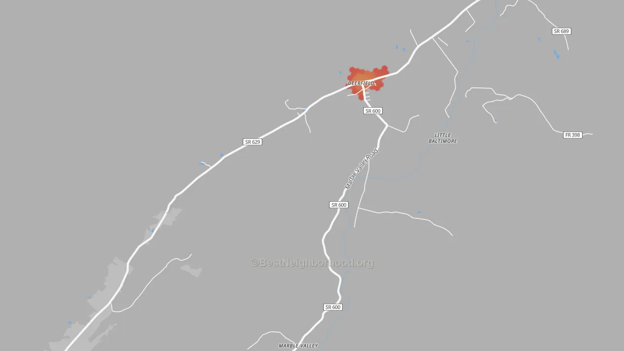 Walk Grade map of 24432, VA, walkable areas in green and car-dependent areas in red