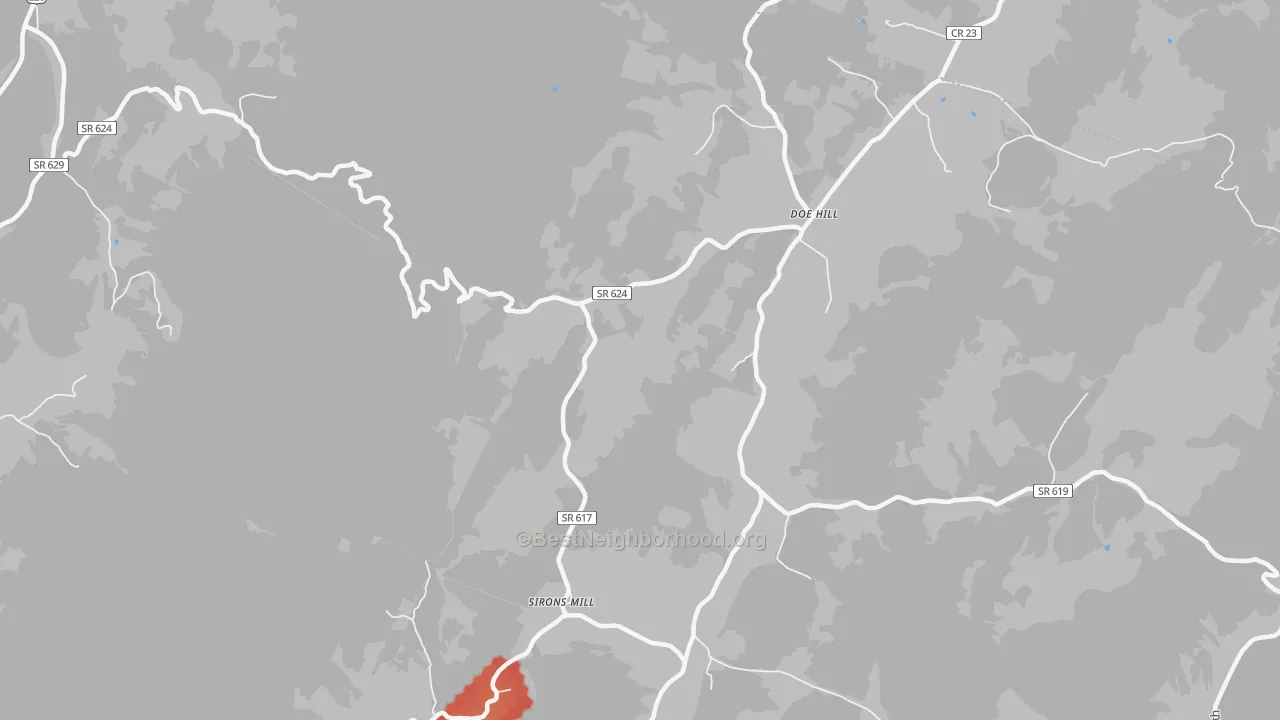 Walk Grade map of 24433, VA, walkable areas in green and car-dependent areas in red