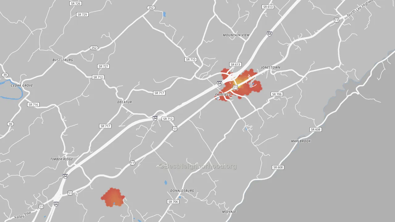 Walk Grade map of 24435, VA, walkable areas in green and car-dependent areas in red