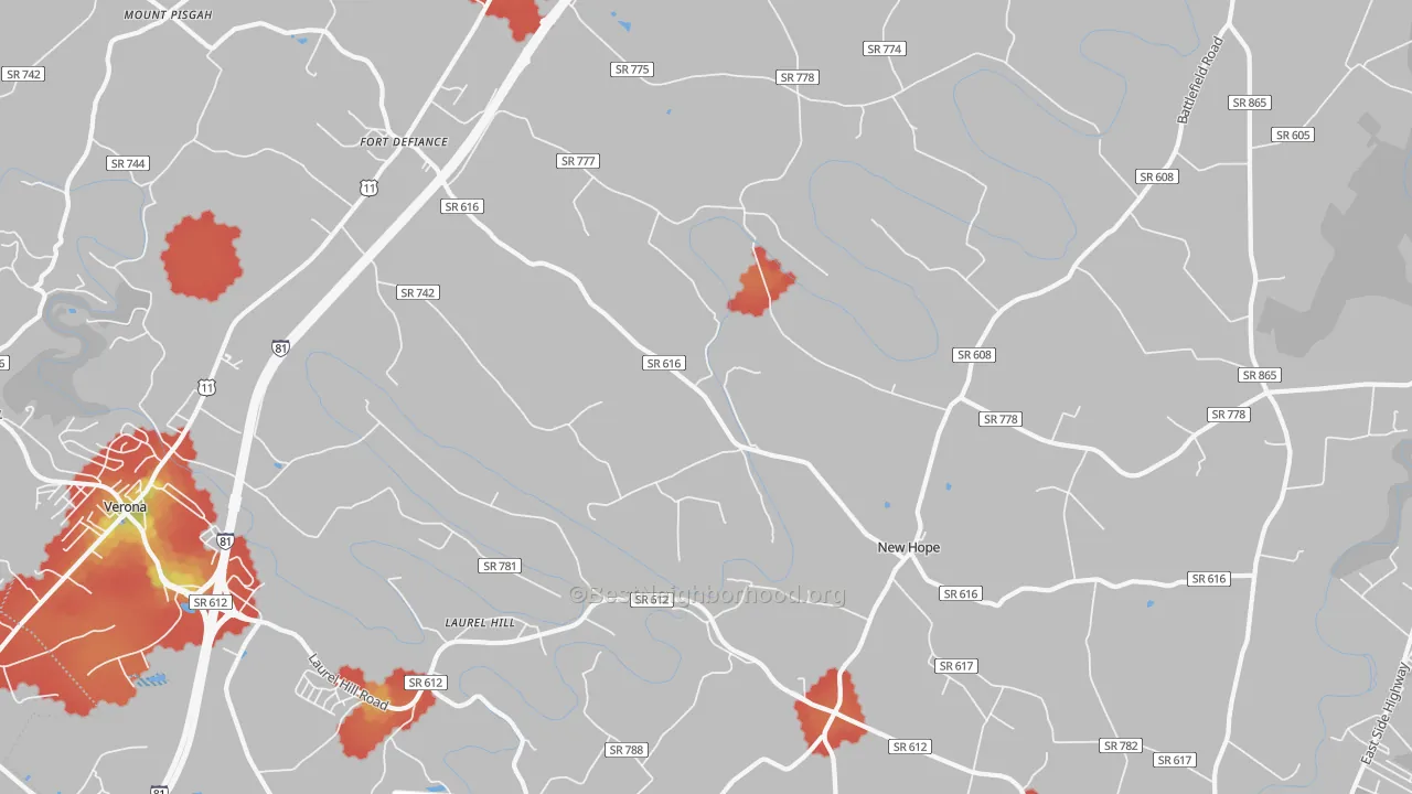 Walk Grade map of 24437, VA, walkable areas in green and car-dependent areas in red