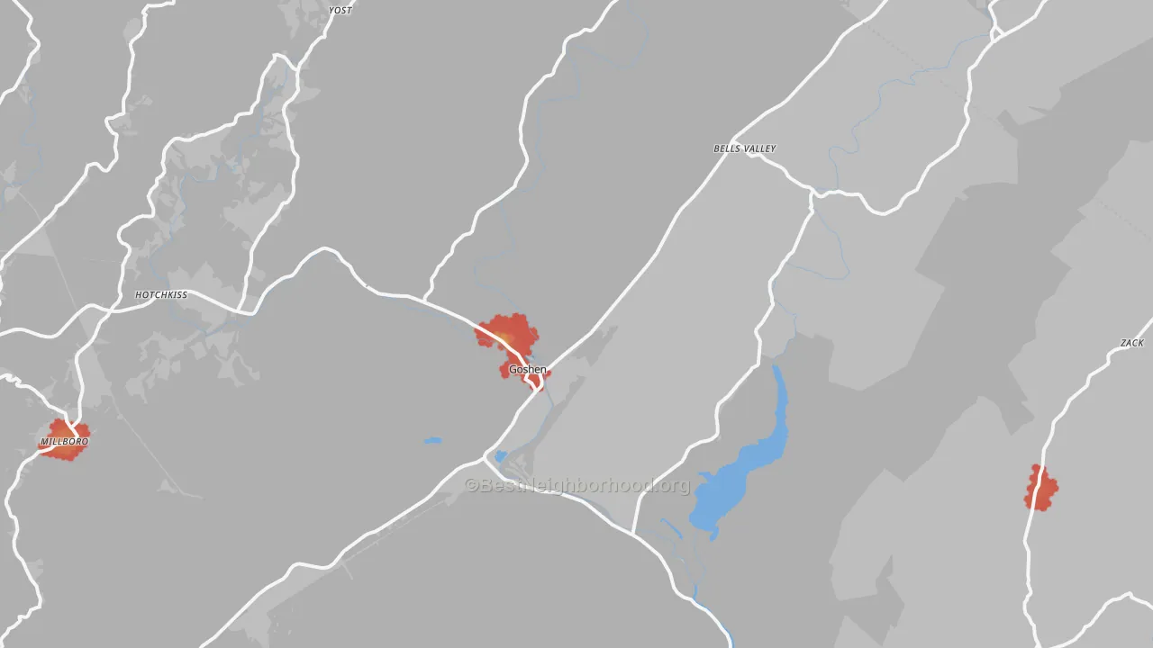 Walk Grade map of 24439, VA, walkable areas in green and car-dependent areas in red