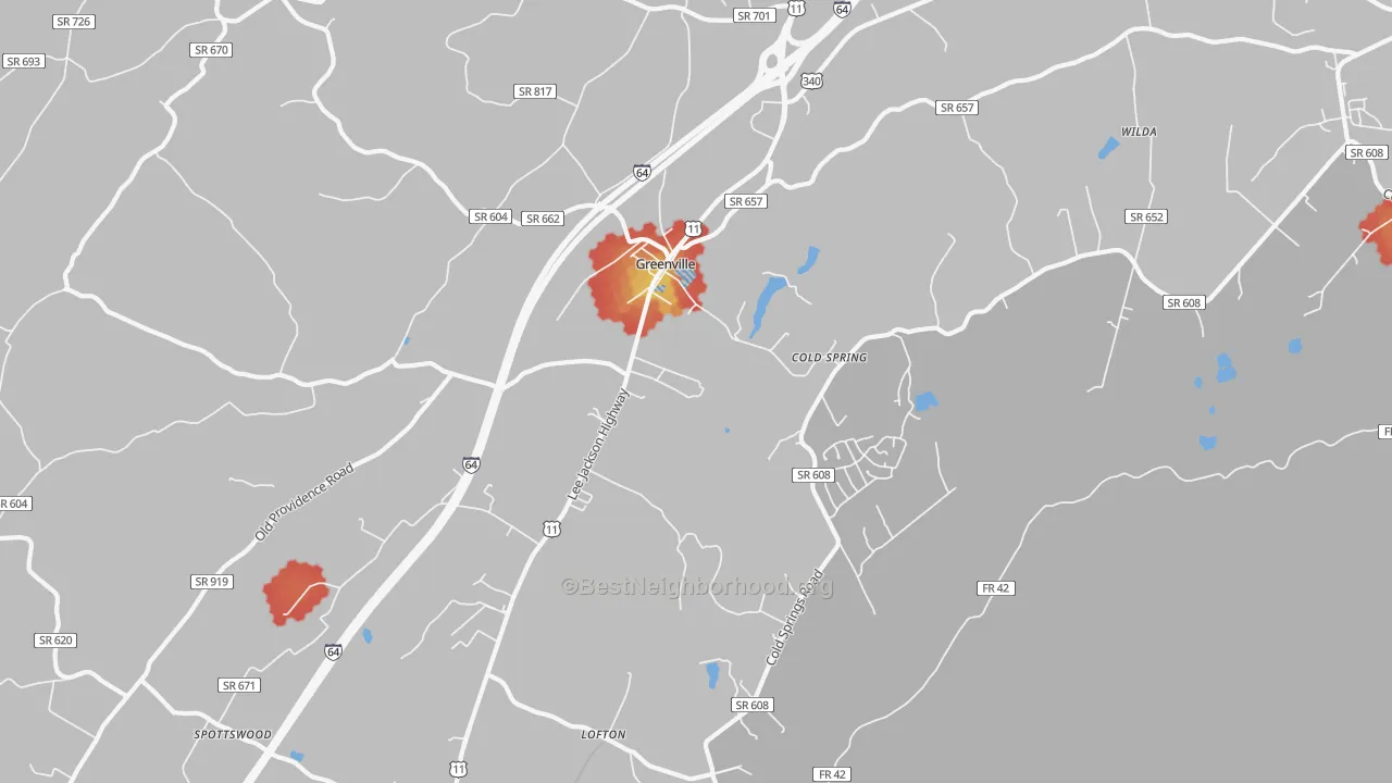 Walk Grade map of 24440, VA, walkable areas in green and car-dependent areas in red