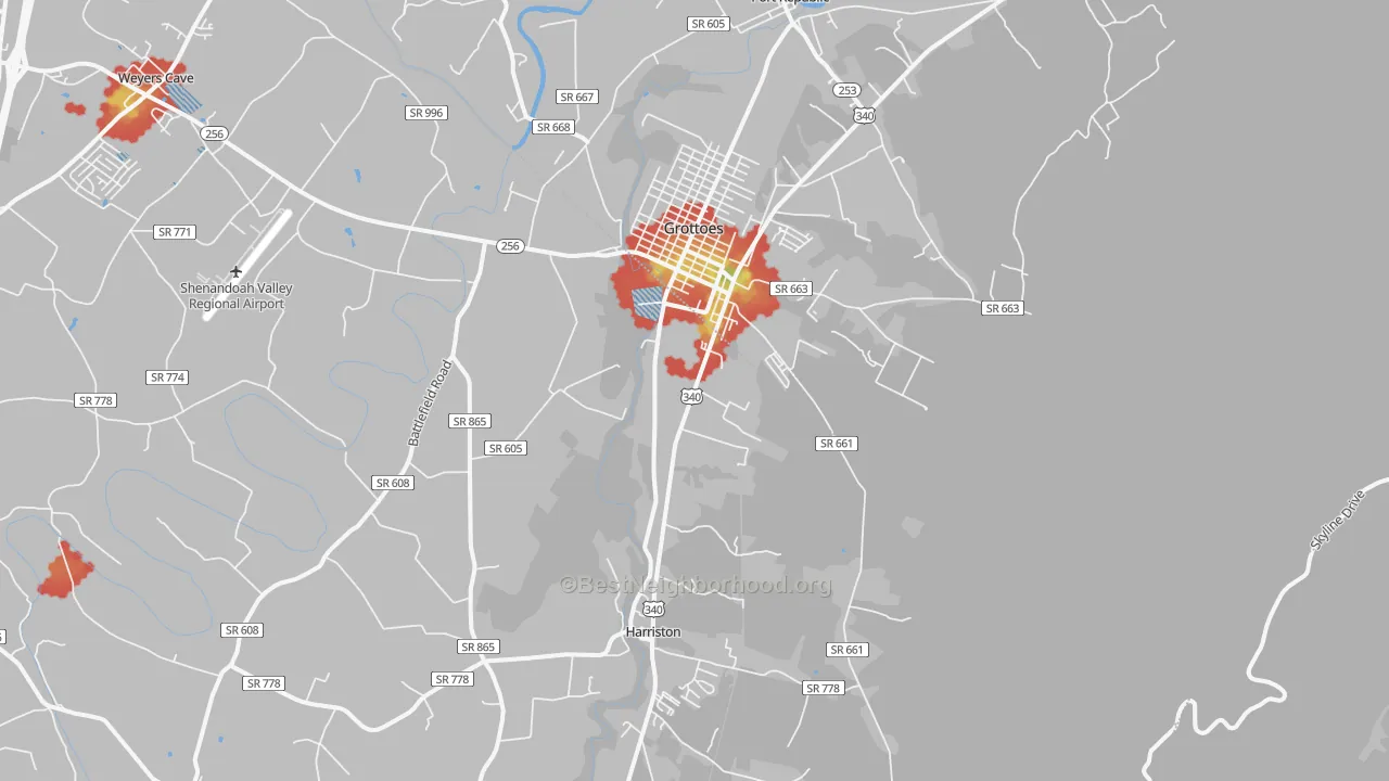 Walk Grade map of 24441, VA, walkable areas in green and car-dependent areas in red