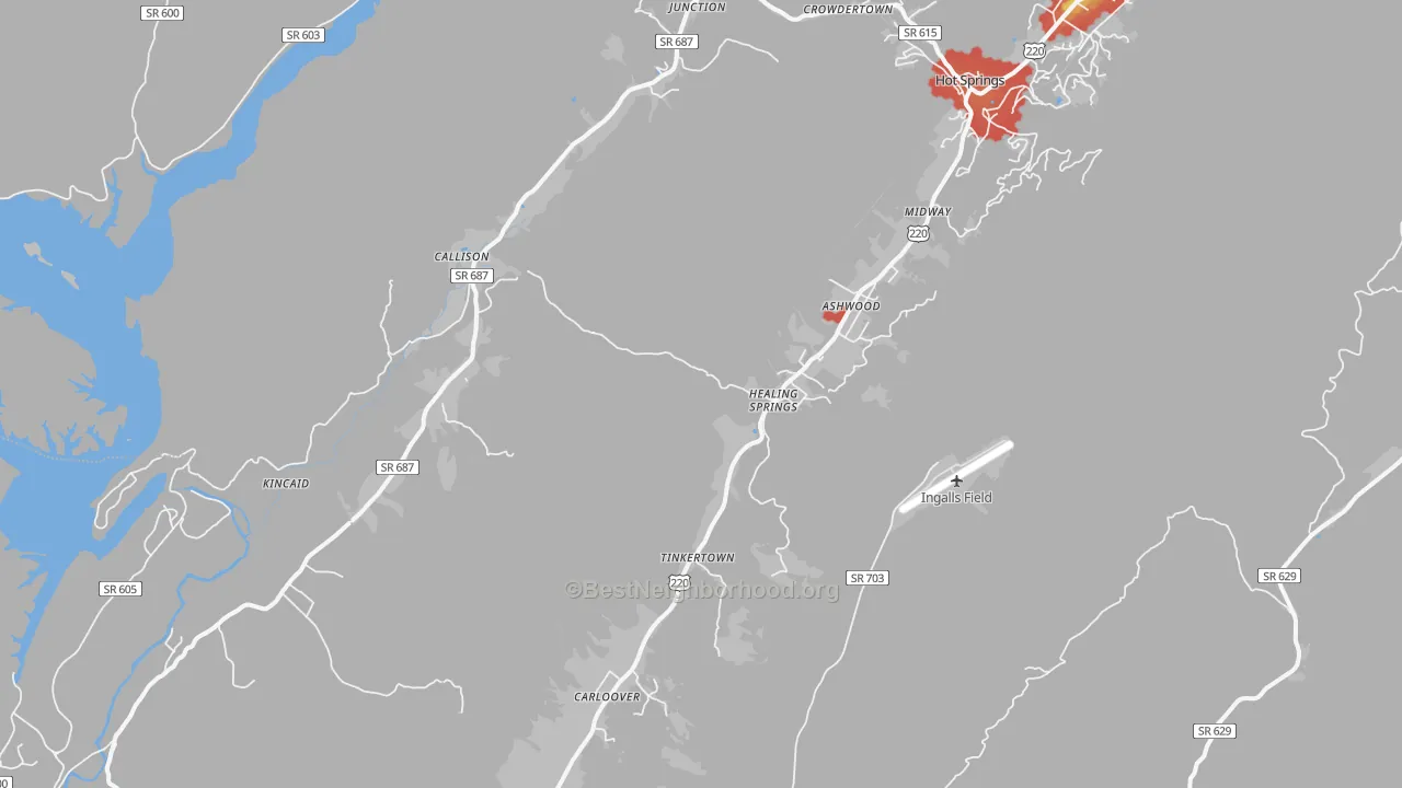 Walk Grade map of 24445, VA, walkable areas in green and car-dependent areas in red