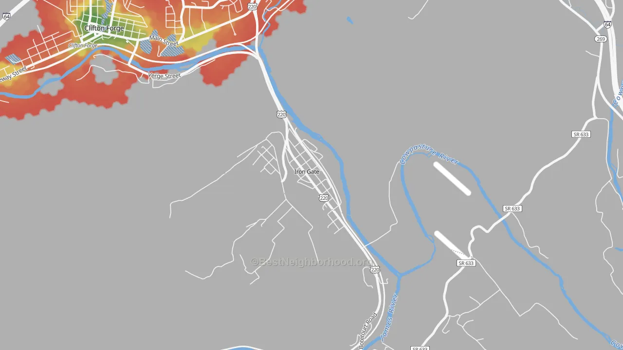 Walk Grade map of 24448, VA, walkable areas in green and car-dependent areas in red