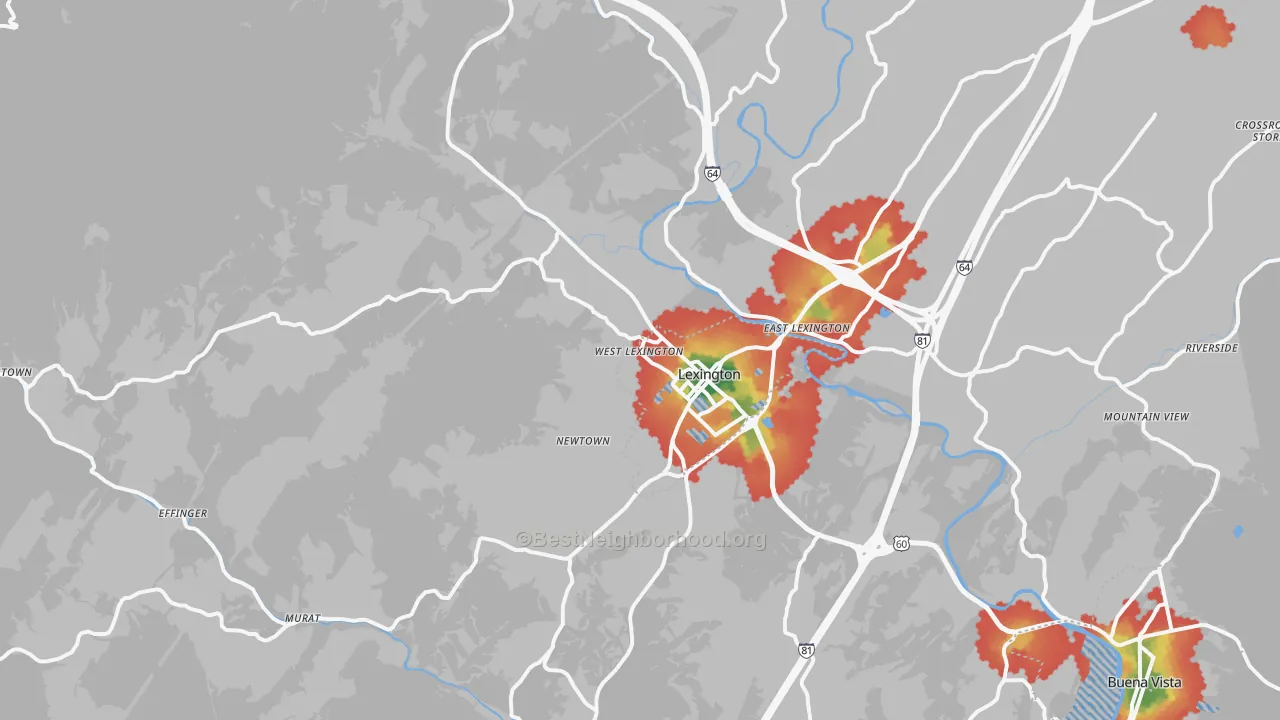 Walk Grade map of 24450, VA, walkable areas in green and car-dependent areas in red