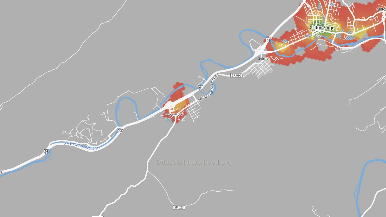 Walk Grade map of 24457, VA, walkable areas in green and car-dependent areas in red