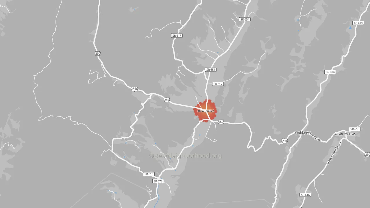 Walk Grade map of 24458, VA, walkable areas in green and car-dependent areas in red