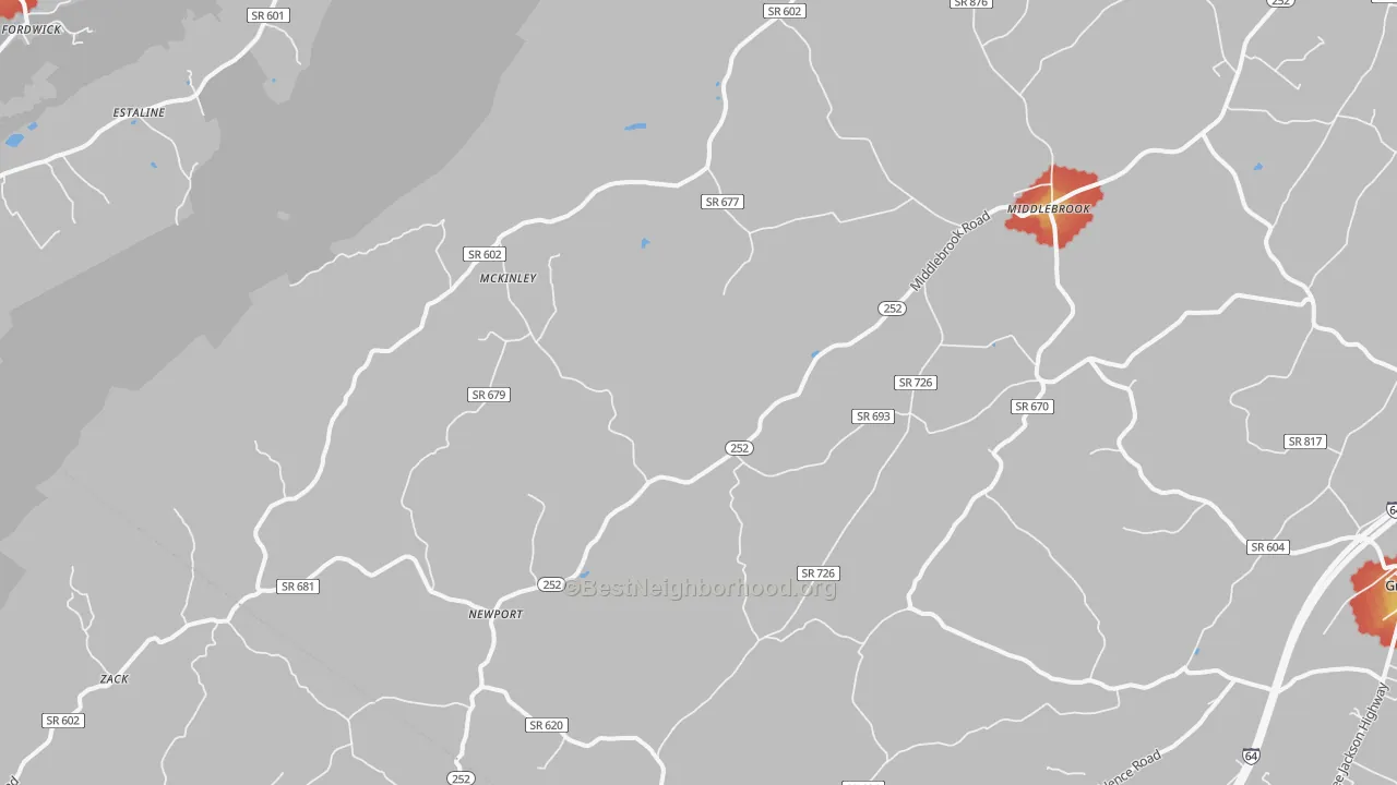 Walk Grade map of 24459, VA, walkable areas in green and car-dependent areas in red