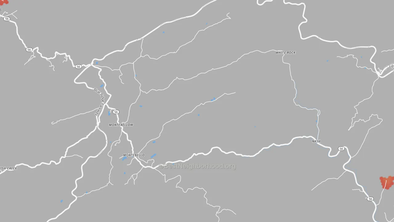 Walk Grade map of 24464, VA, walkable areas in green and car-dependent areas in red