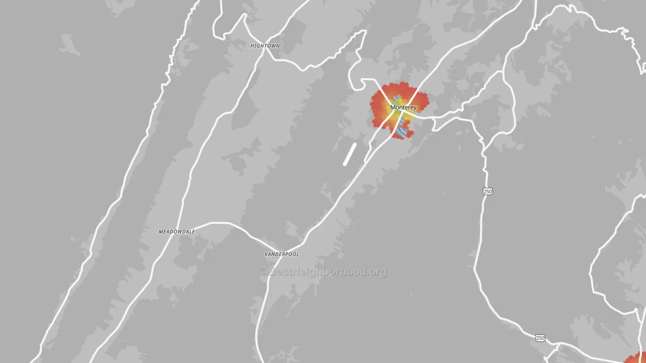 Walk Grade map of 24465, VA, walkable areas in green and car-dependent areas in red