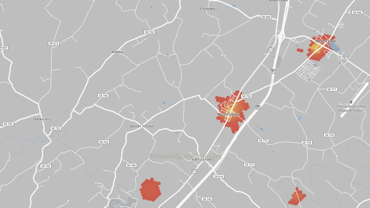 Walk Grade map of 24467, VA, walkable areas in green and car-dependent areas in red