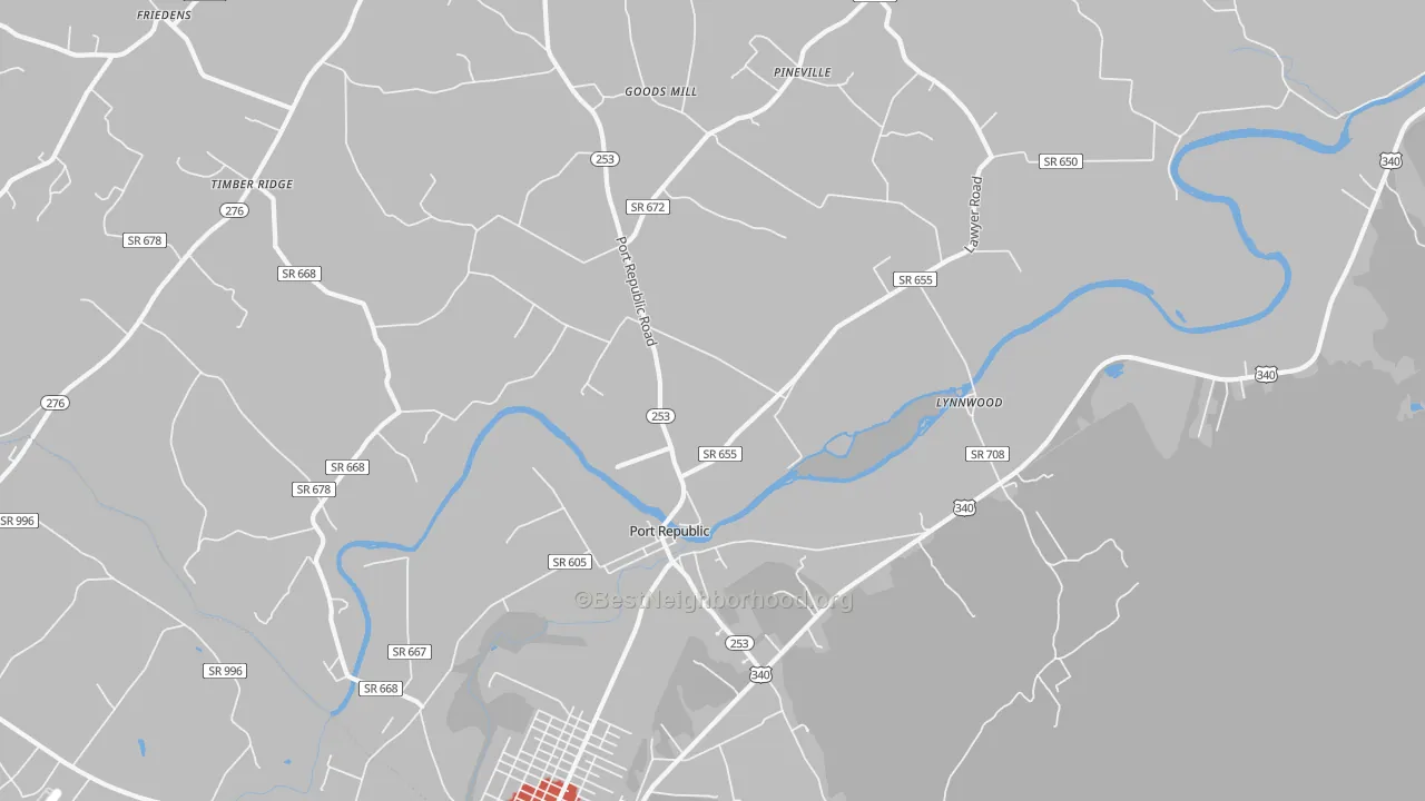 Walk Grade map of 24471, VA, walkable areas in green and car-dependent areas in red