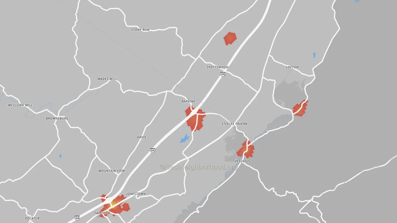 Walk Grade map of 24472, VA, walkable areas in green and car-dependent areas in red