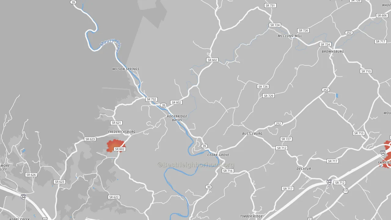 Walk Grade map of 24473, VA, walkable areas in green and car-dependent areas in red