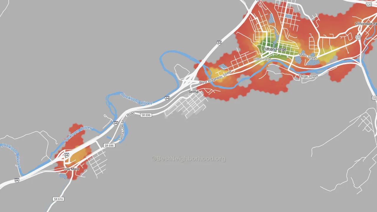 Walk Grade map of 24474, VA, walkable areas in green and car-dependent areas in red