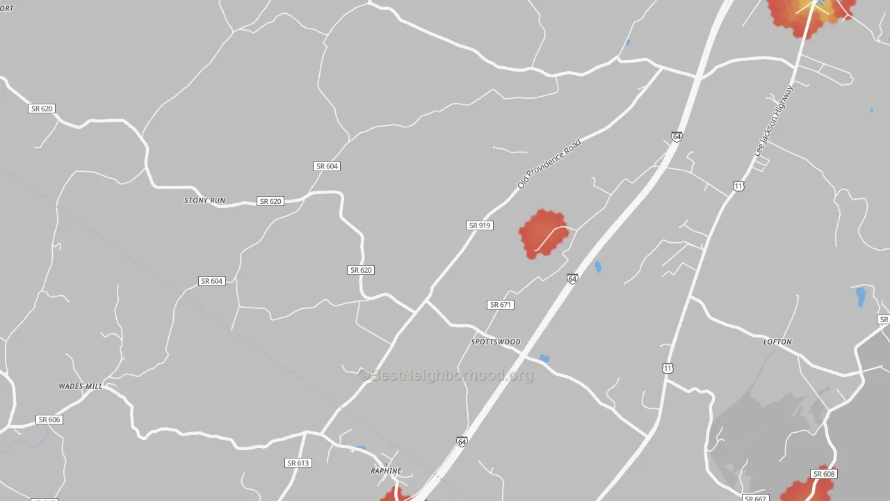 Walk Grade map of 24476, VA, walkable areas in green and car-dependent areas in red
