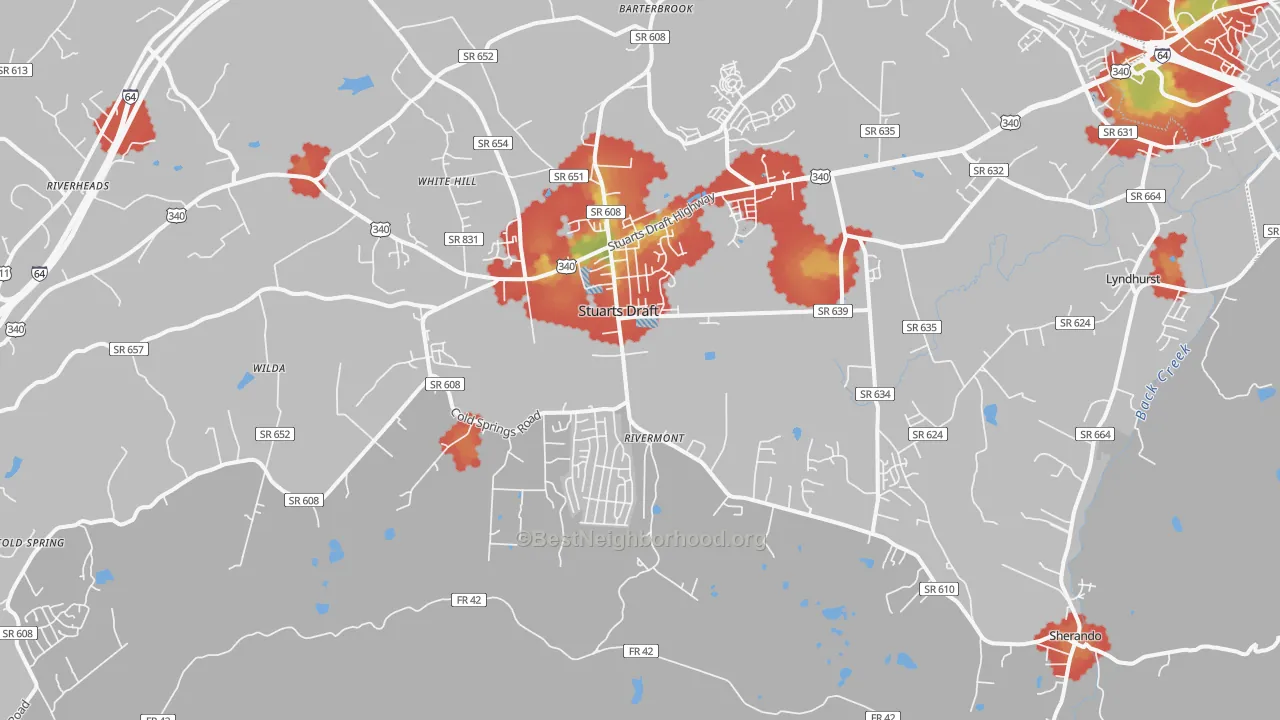 Walk Grade map of 24477, VA, walkable areas in green and car-dependent areas in red
