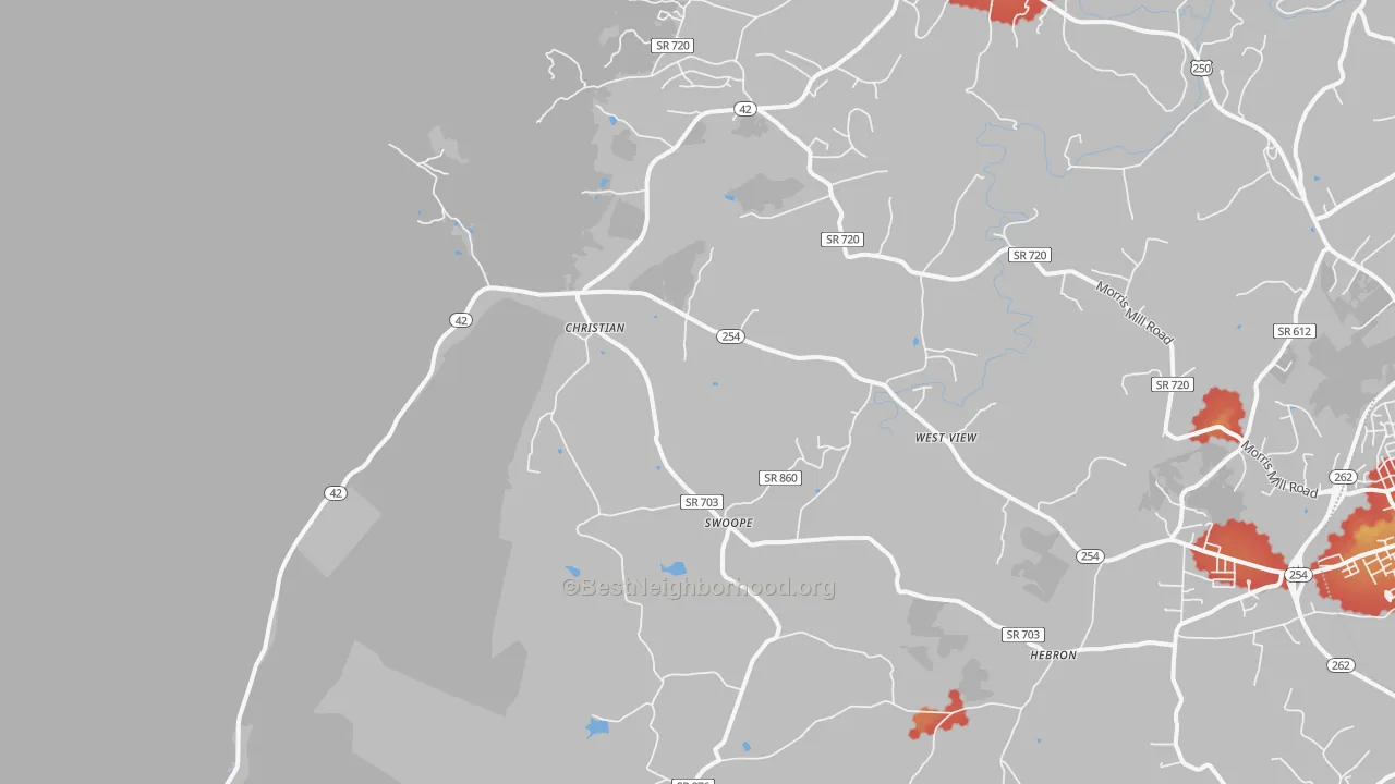 Walk Grade map of 24479, VA, walkable areas in green and car-dependent areas in red