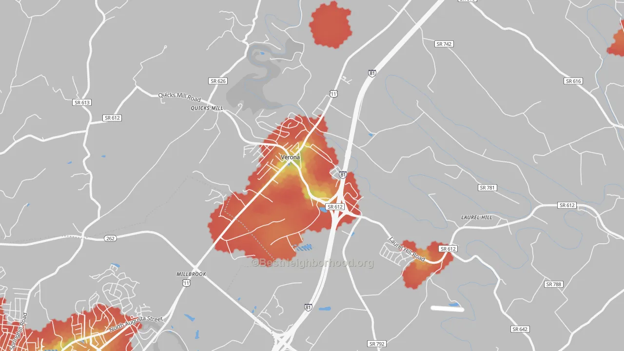 Walk Grade map of 24482, VA, walkable areas in green and car-dependent areas in red