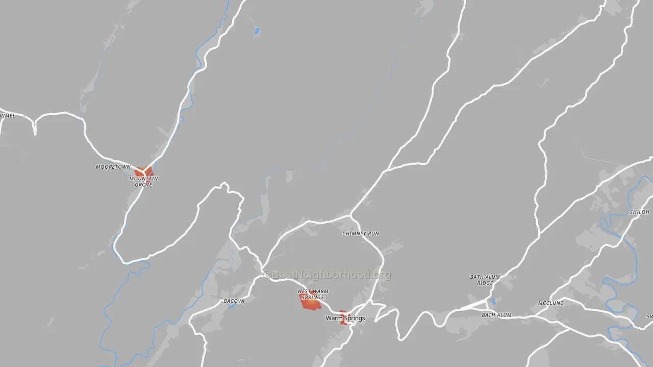 Walk Grade map of 24484, VA, walkable areas in green and car-dependent areas in red