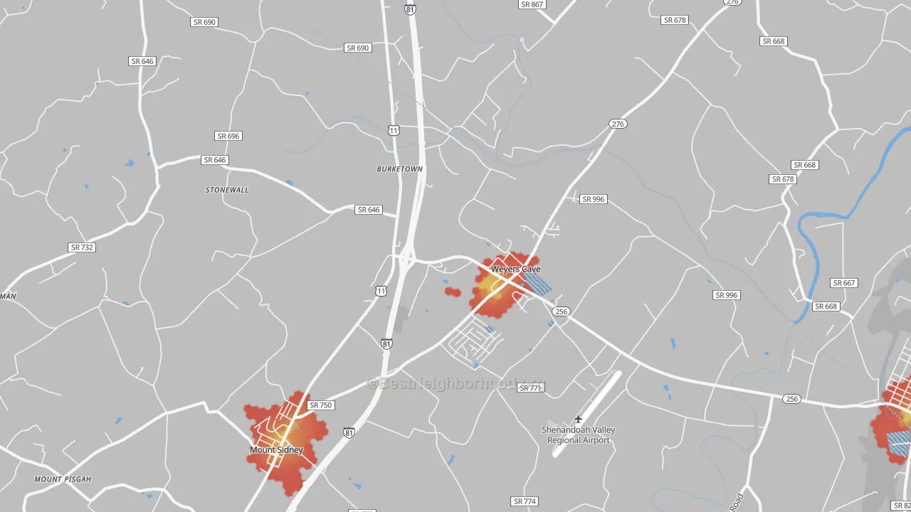 Walk Grade map of 24486, VA, walkable areas in green and car-dependent areas in red