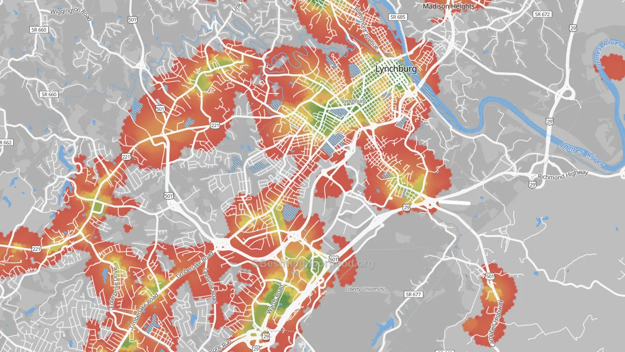 Walk Grade map of 24501, VA, walkable areas in green and car-dependent areas in red