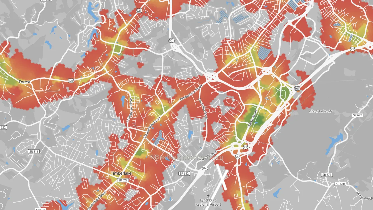 Walk Grade map of 24502, VA, walkable areas in green and car-dependent areas in red