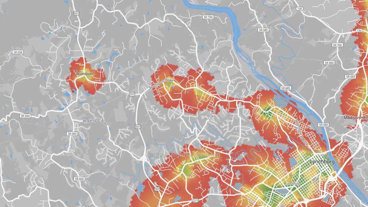 Walk Grade map of 24503, VA, walkable areas in green and car-dependent areas in red