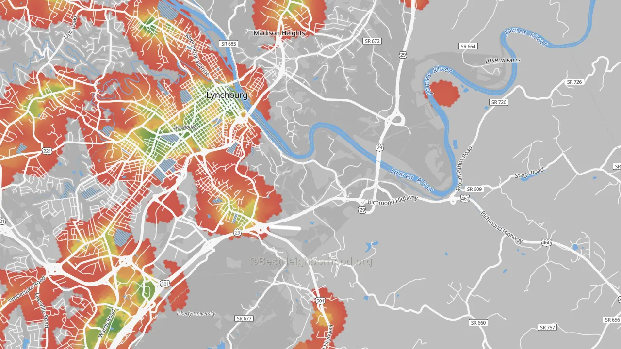 Walk Grade map of 24504, VA, walkable areas in green and car-dependent areas in red