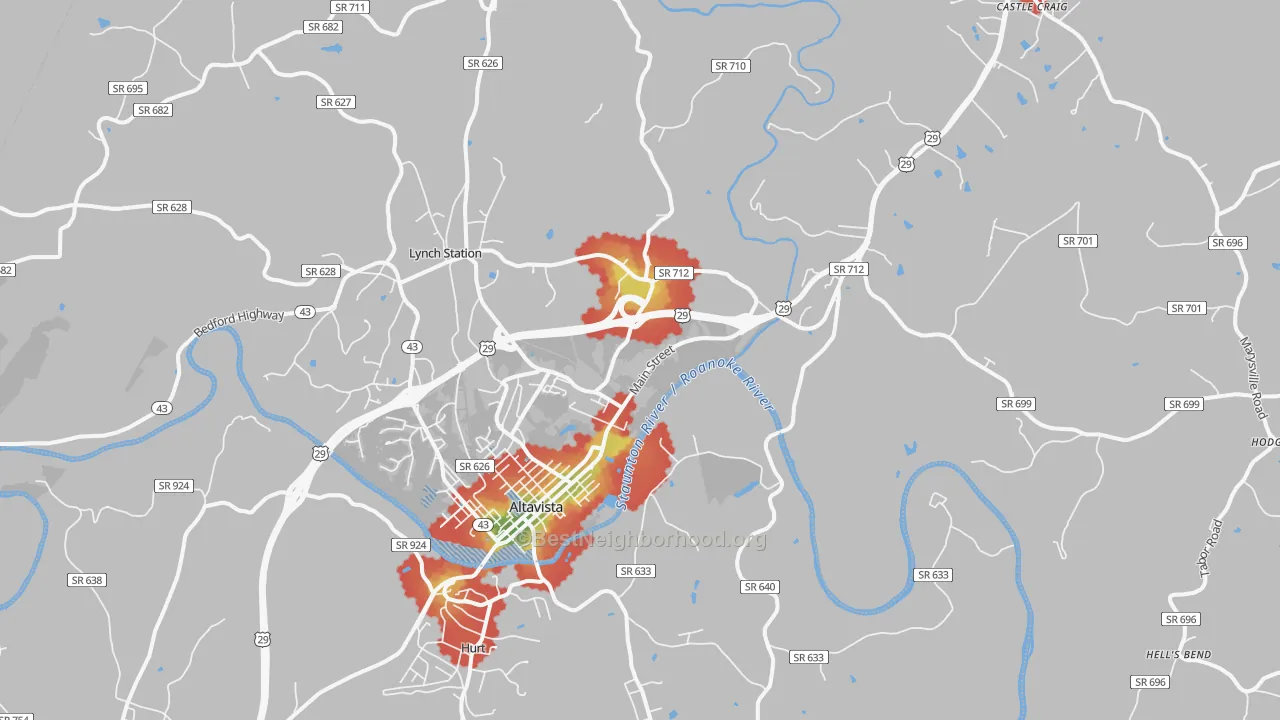 Walk Grade map of 24517, VA, walkable areas in green and car-dependent areas in red