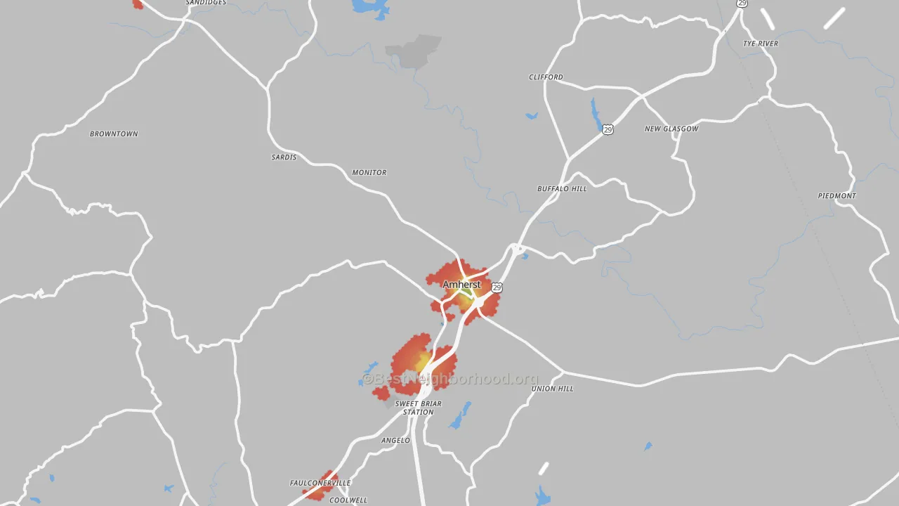 Walk Grade map of 24521, VA, walkable areas in green and car-dependent areas in red