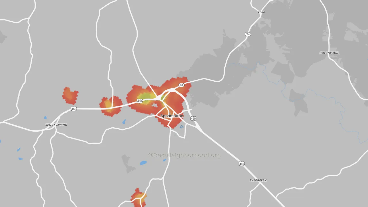Walk Grade map of 24522, VA, walkable areas in green and car-dependent areas in red