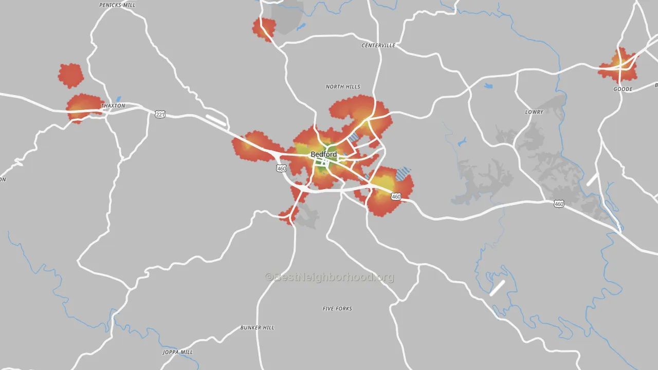 Walk Grade map of 24523, VA, walkable areas in green and car-dependent areas in red