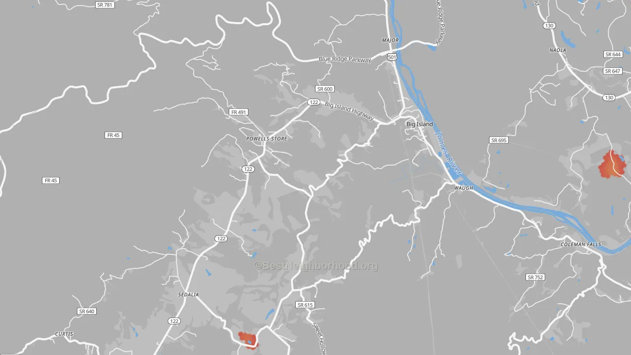 Walk Grade map of 24526, VA, walkable areas in green and car-dependent areas in red