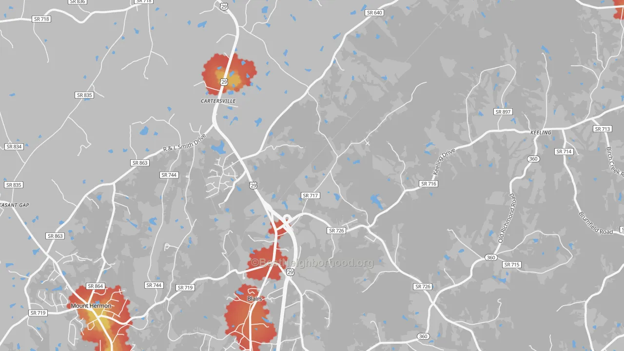 Walk Grade map of 24527, VA, walkable areas in green and car-dependent areas in red