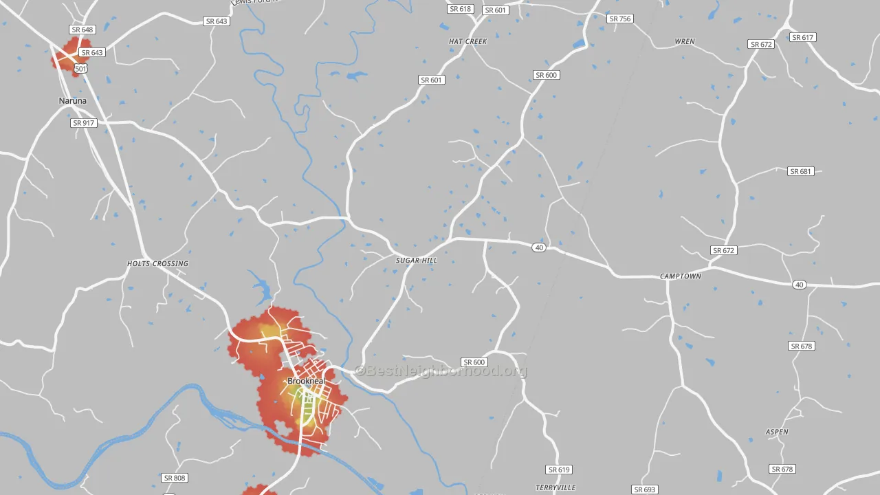 Walk Grade map of 24528, VA, walkable areas in green and car-dependent areas in red