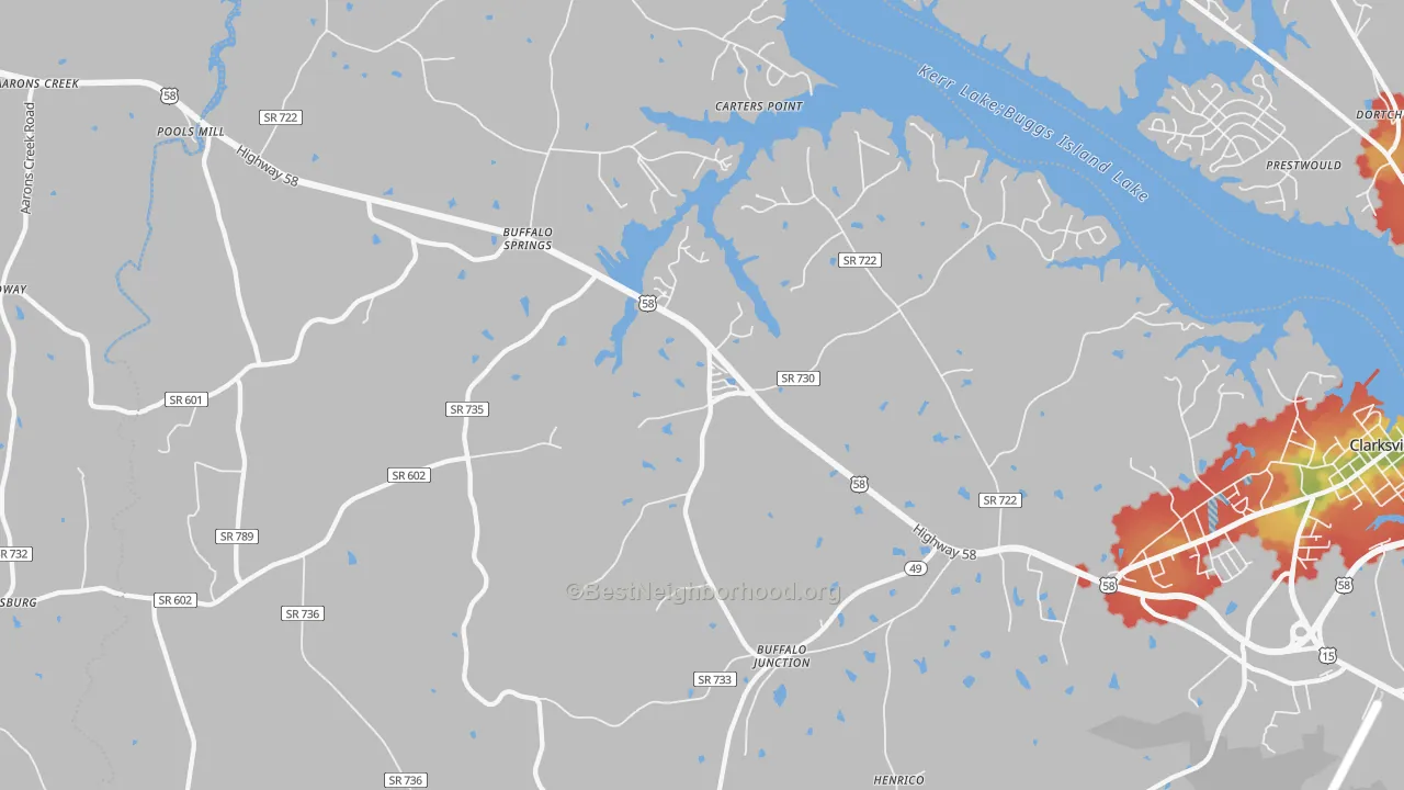 Walk Grade map of 24529, VA, walkable areas in green and car-dependent areas in red