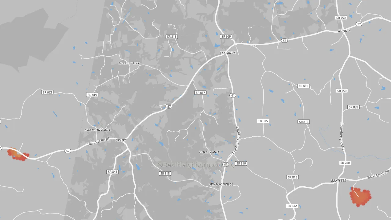 Walk Grade map of 24530, VA, walkable areas in green and car-dependent areas in red