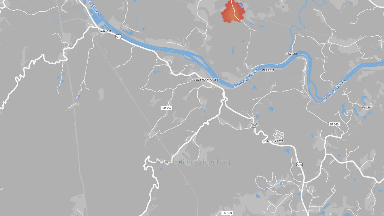 Walk Grade map of 24536, VA, walkable areas in green and car-dependent areas in red