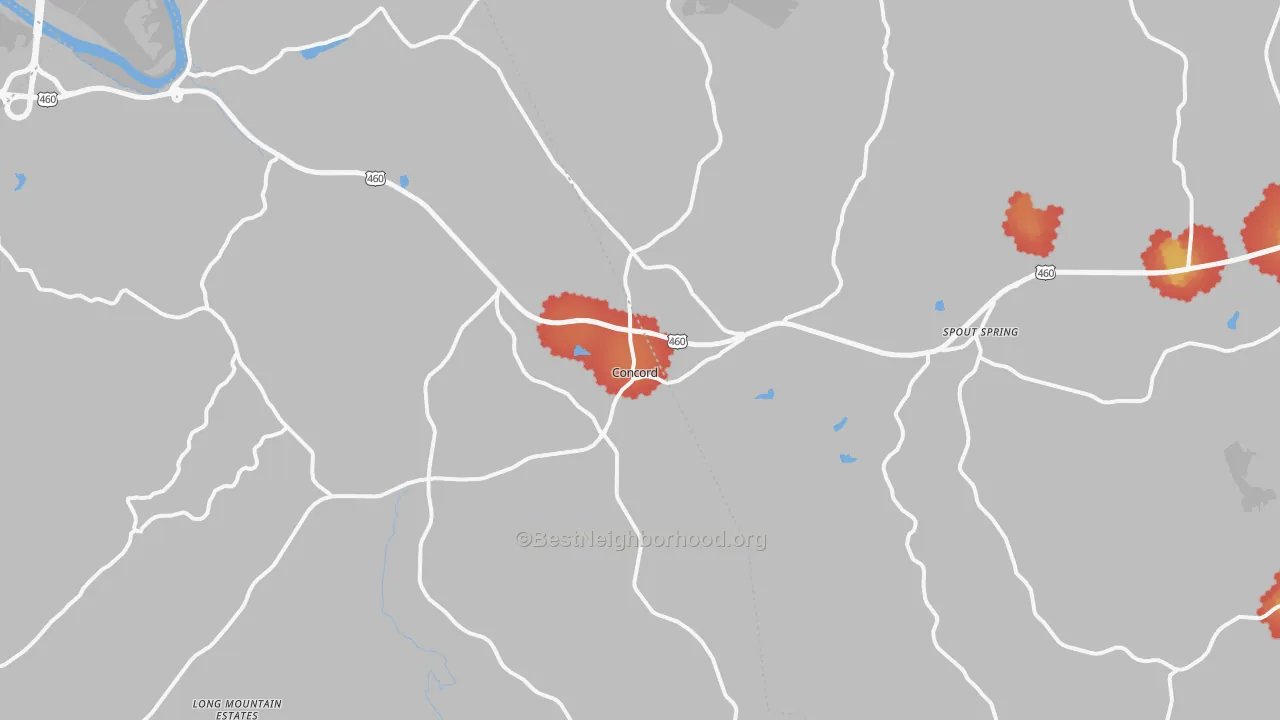 Walk Grade map of 24538, VA, walkable areas in green and car-dependent areas in red