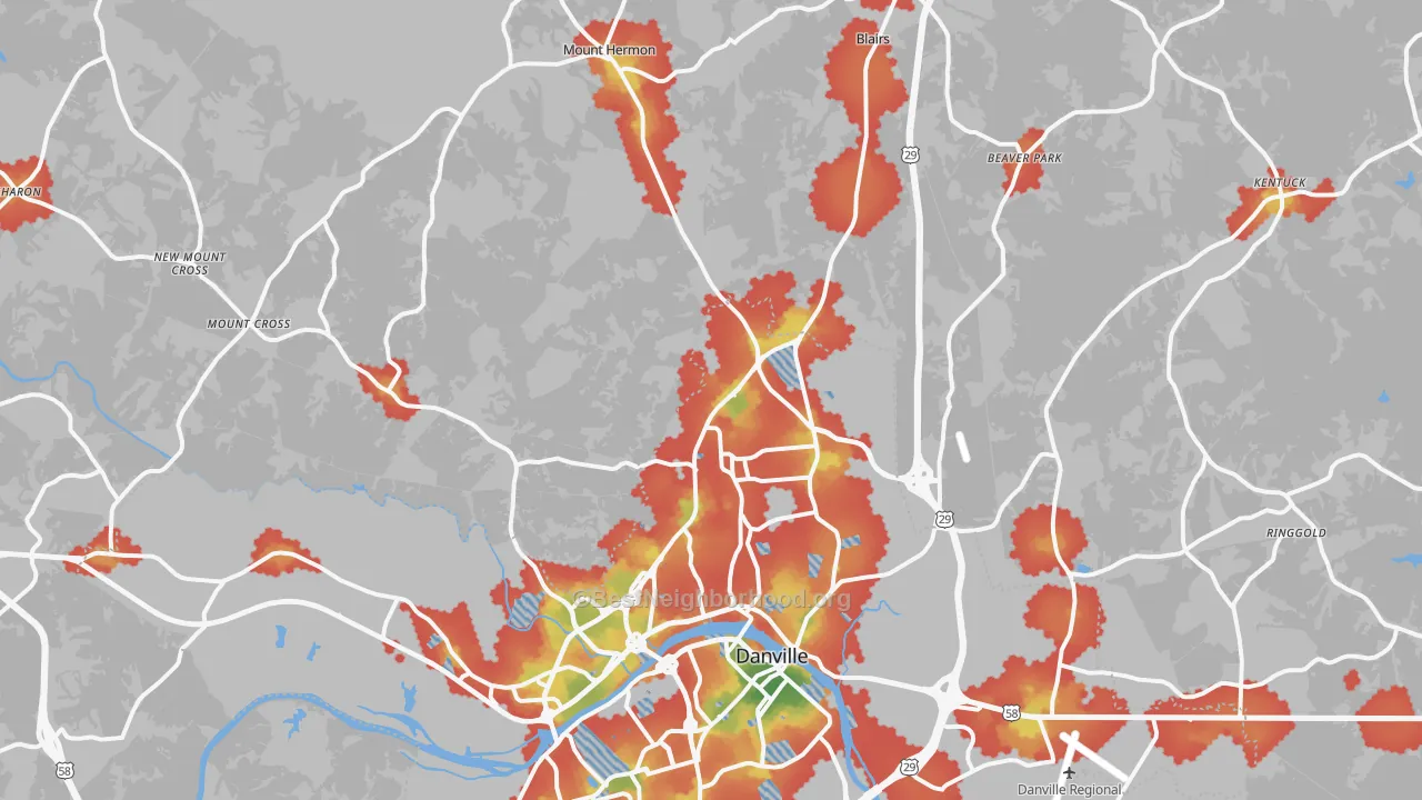 Walk Grade map of 24540, VA, walkable areas in green and car-dependent areas in red
