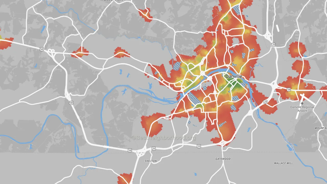Walk Grade map of 24541, VA, walkable areas in green and car-dependent areas in red