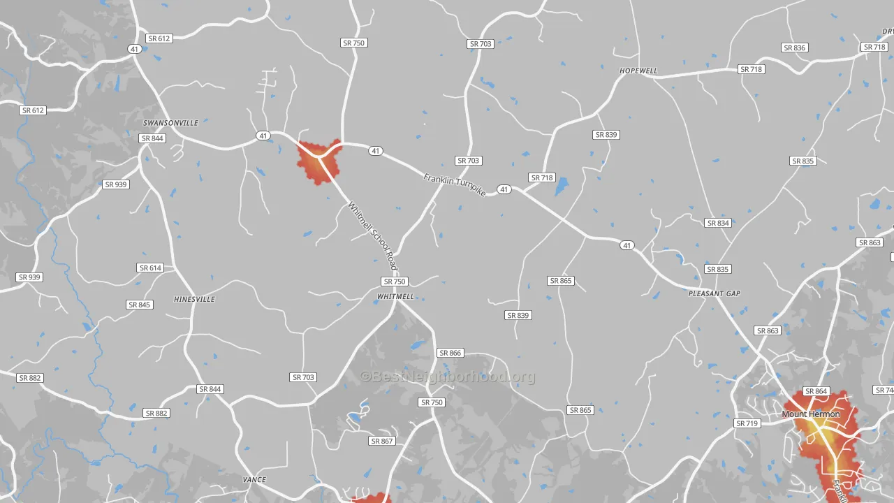 Walk Grade map of 24549, VA, walkable areas in green and car-dependent areas in red