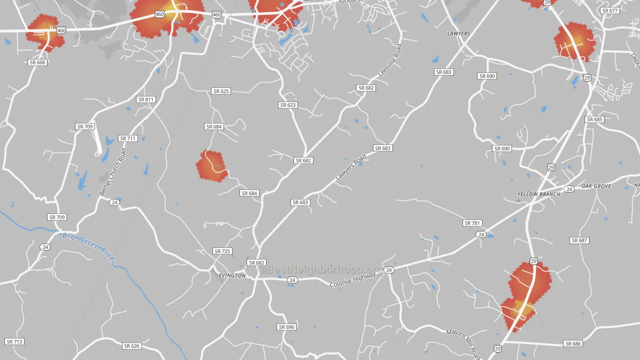 Walk Grade map of 24550, VA, walkable areas in green and car-dependent areas in red